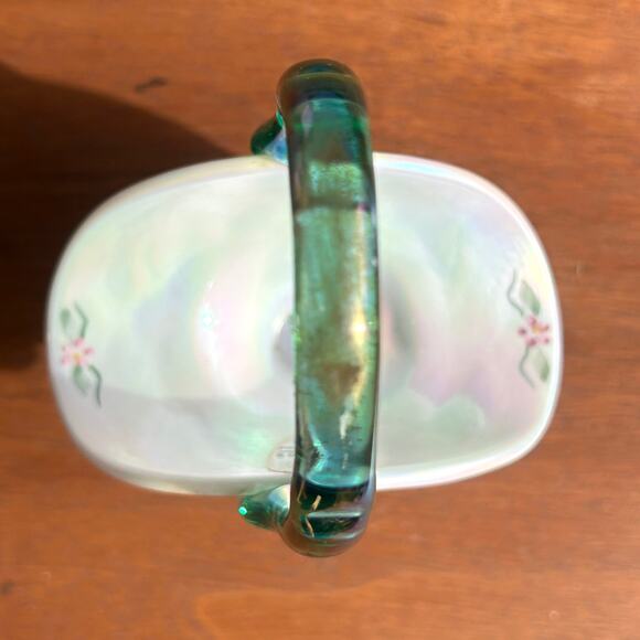 Fenton Mini Basket White 4.5" Iridescent Peacock Tail Floral Signed QVC 2001 - Picture 9 of 11